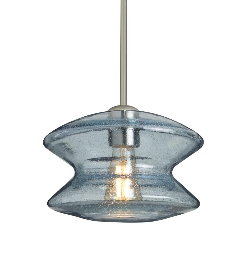 Besa, Zen Stem Pendant, Blue Bubble, Satin Nickel Finish, 1x8W LED Filament
