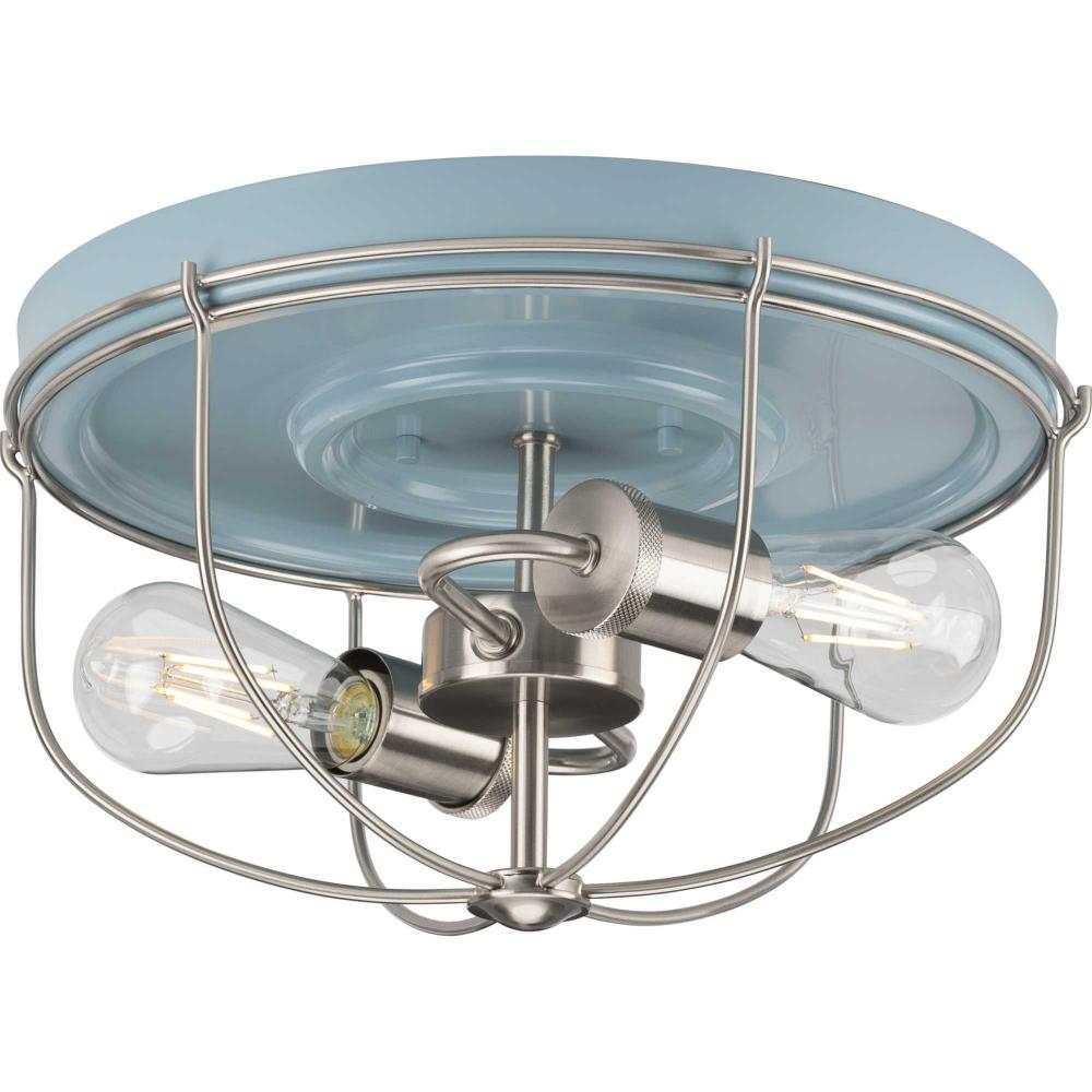 Medal Collection Two-Light Coastal Blue/Brushed Nickel Industrial Style Flush Mount Ceiling Light