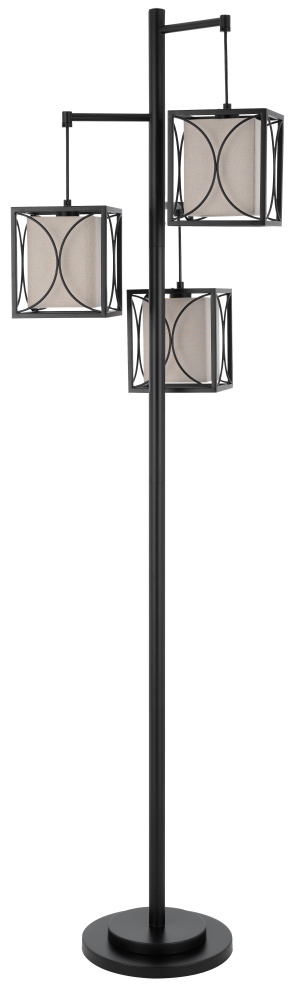 60W X 3 Lantern Metal Floor Lamp with Metal Framed Fabric Shades