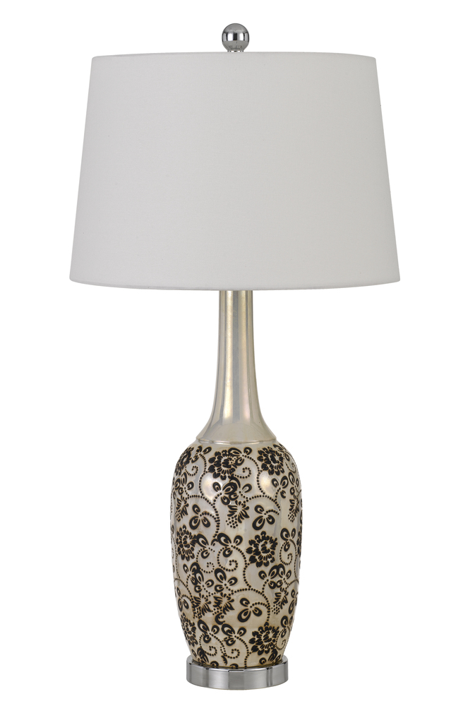 150W Paxton Ceramic Table Lamp With Leaf Design And Taper Drum Hardback Fabric Shade