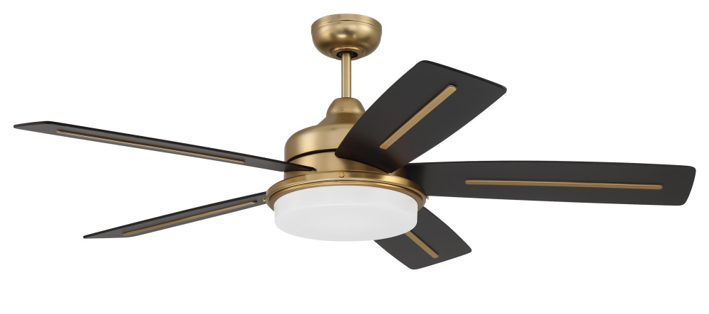Drew 54" 5-Blade Ceiling Fan in Satin Brass w/ Flat Black/Walnut Blades; Integrated Light Kit