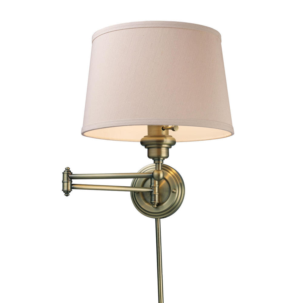 Westbrook 1-Light Swingarm Wall Lamp in Antique Brass with Off-white Shade