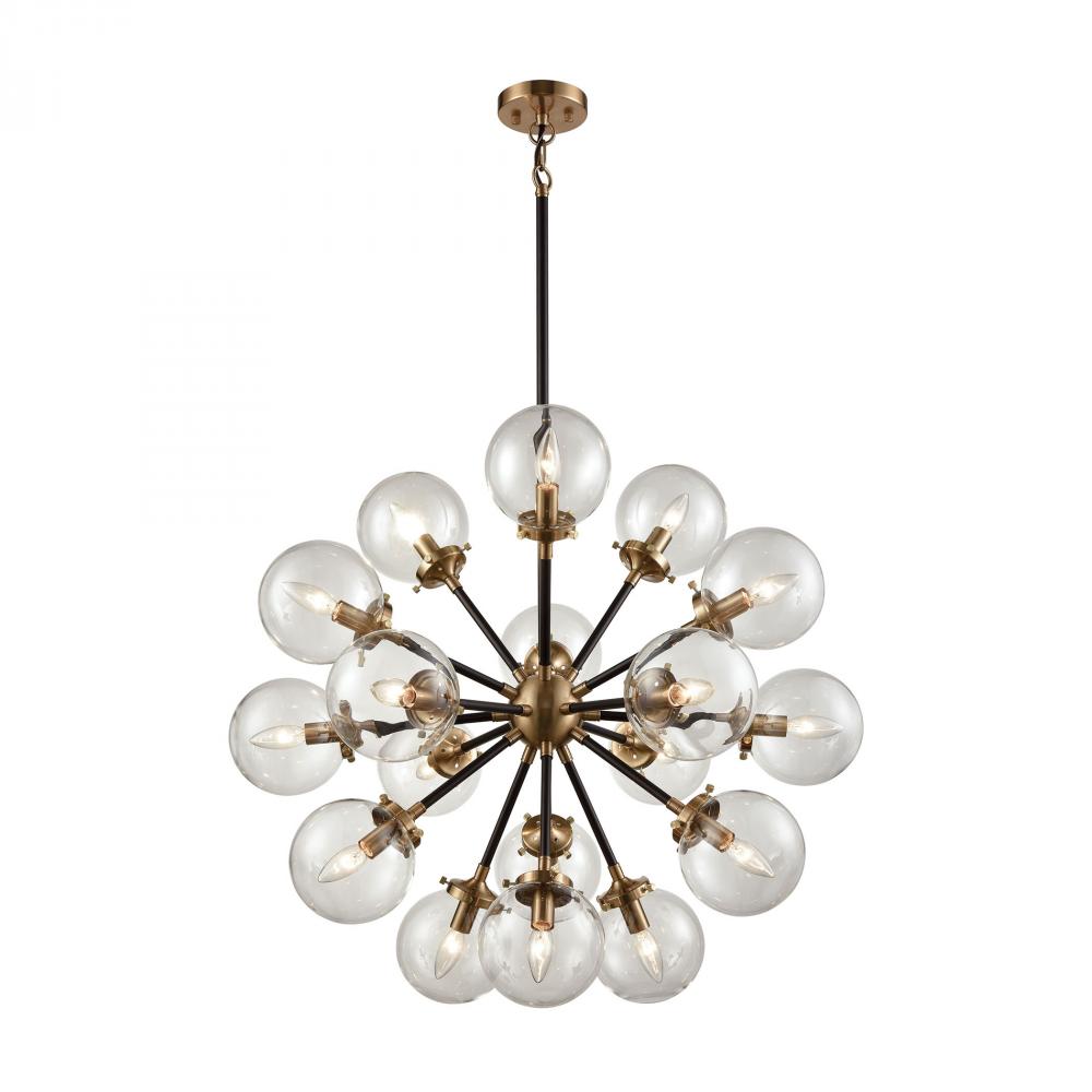 Boudreaux 18-Light Chandelier in Antique Gold and Matte Black with Sphere-shaped Glass