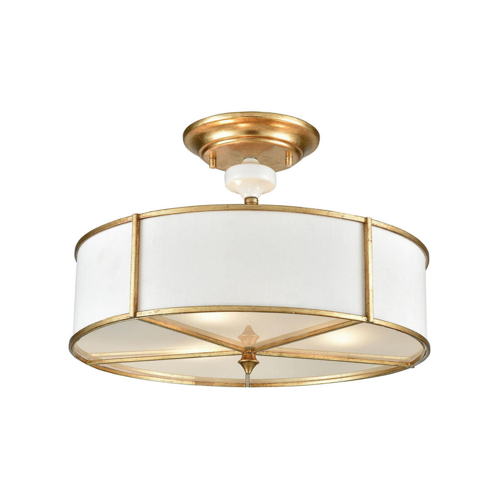 Ceramique 3-Light Semi Flush in Antique Gold Leaf with White Fabric Shade and Frosted Diffuser