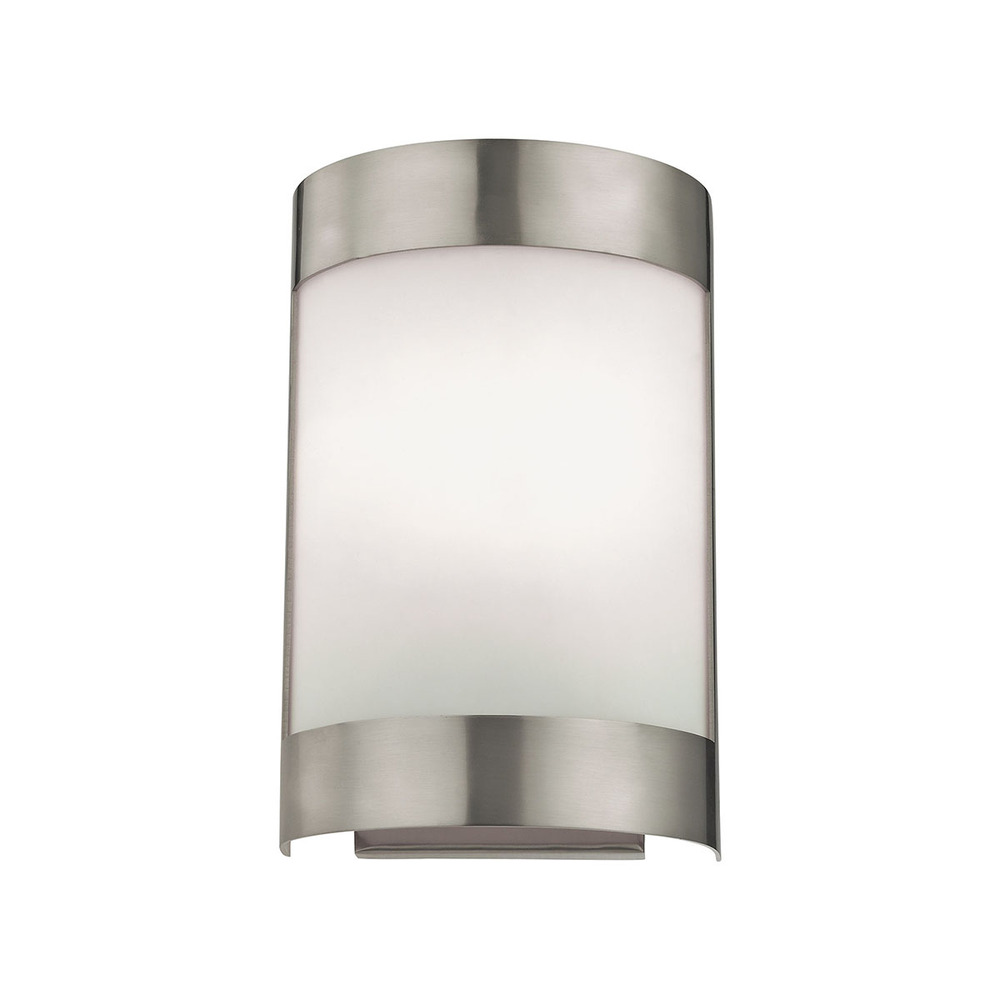 1-Light Wall Sconce in Brushed Nickel with White Glass