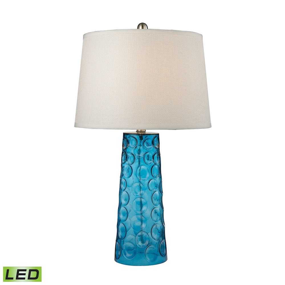 Hammered Glass Table Lamp in Blue with Pure White Linen Shade - LED