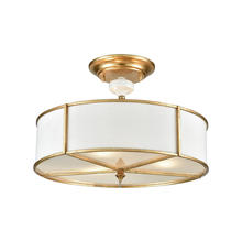 ELK Home Plus 33052/3 - Ceramique 3-Light Semi Flush in Antique Gold Leaf with White Fabric Shade and Frosted Diffuser