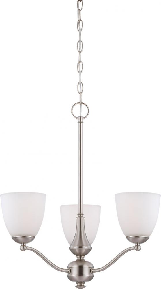 Patton - 3 Light Chandelier (Arms Up) with Frosted Glass - Brushed Nickel Finish