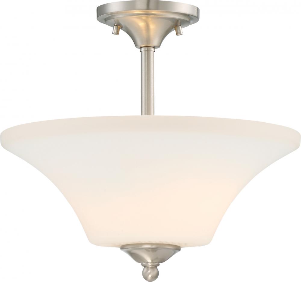 Fawn - 2 Semi Flush with Satin White Glass - Brushed Nickel Finish
