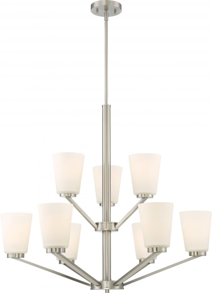 Nome - 9 Light Chandelier with Satin White Glass - Brushed Nickel Finish