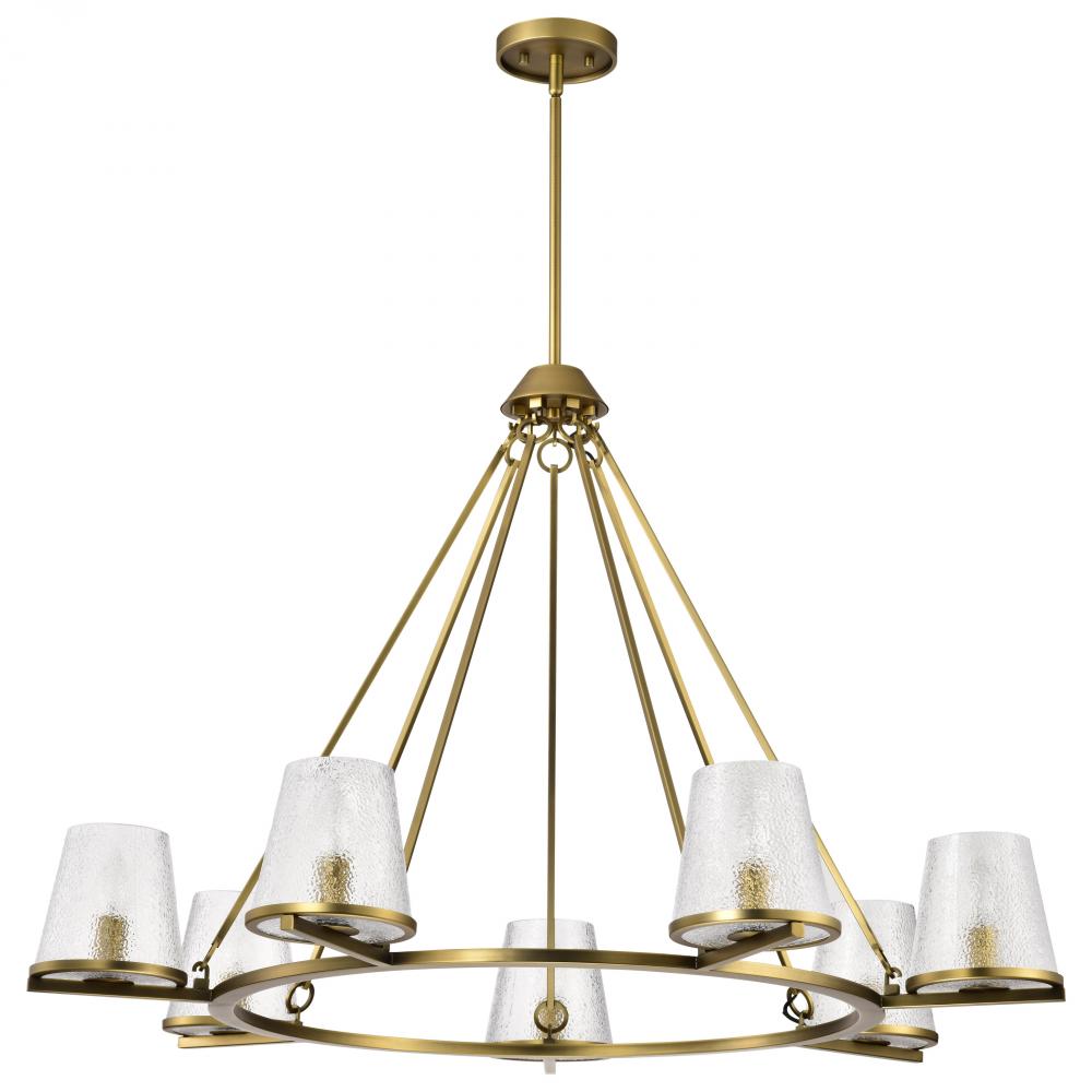 Valentine; 7 Light Chandelier; Vintage Brass Finish; Hammered Glass