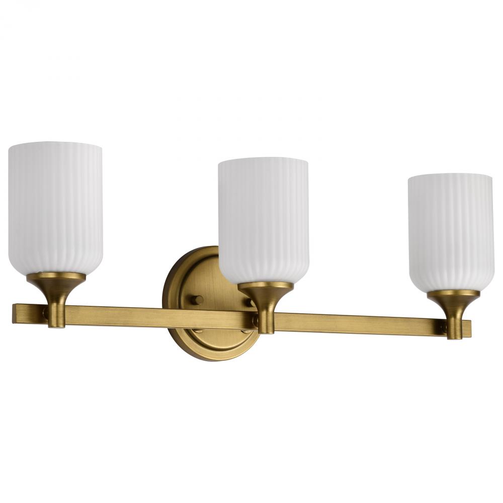 Solara; 3 Light Vanity; Natural Brass Finish; Frosted Ribbed Glass