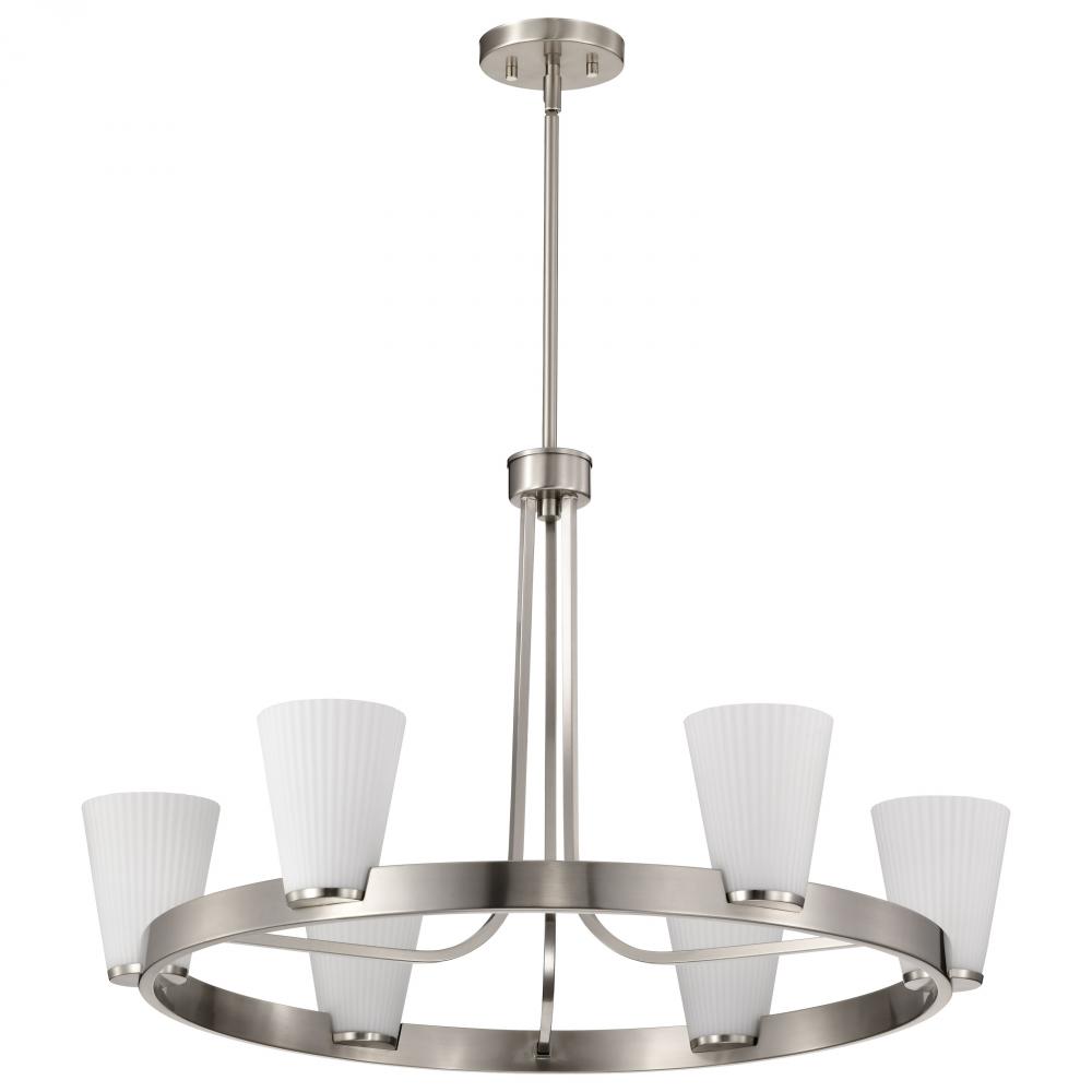 Royale; 6 Light Chandelier; Brushed Nickel Finish; Ribbed White Glass