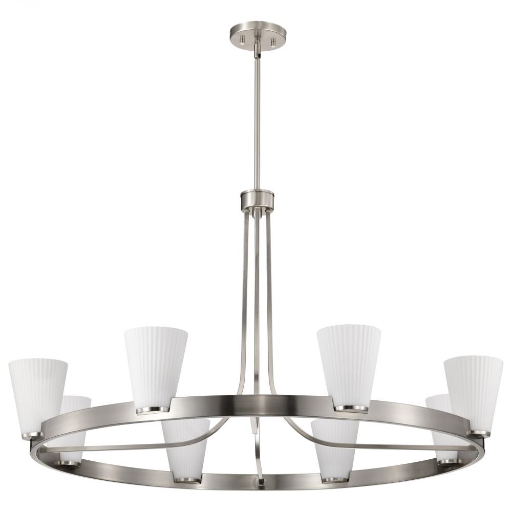 Royale; 8 Light Chandelier; Brushed Nickel Finish; Ribbed White Glass