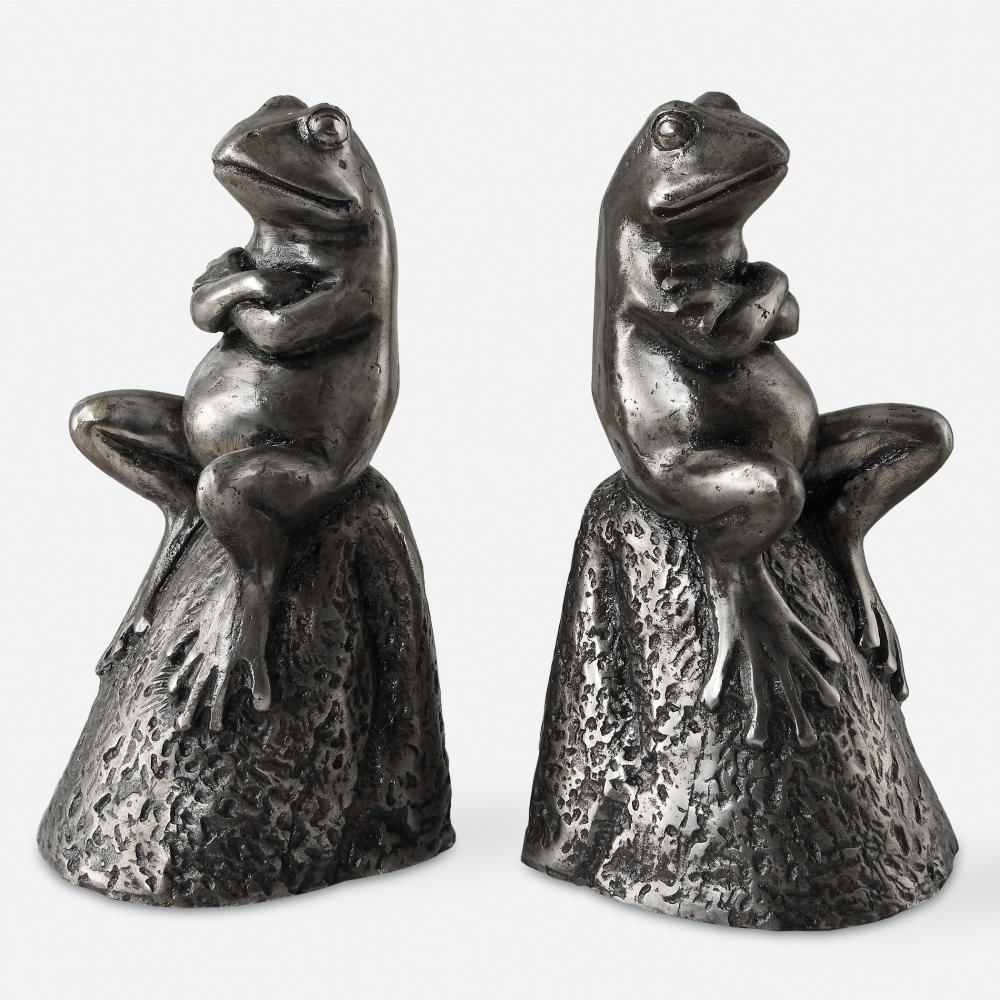 Uttermost Daydreaming Frogs Aged Silver Bookends Set/2